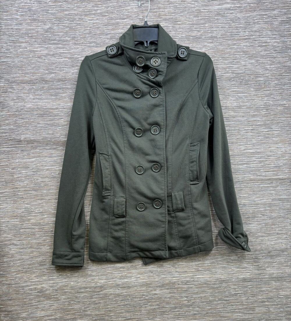 New Look Jacket Womens Size M Green Knit Pea Coat Double Breasted Button Strap